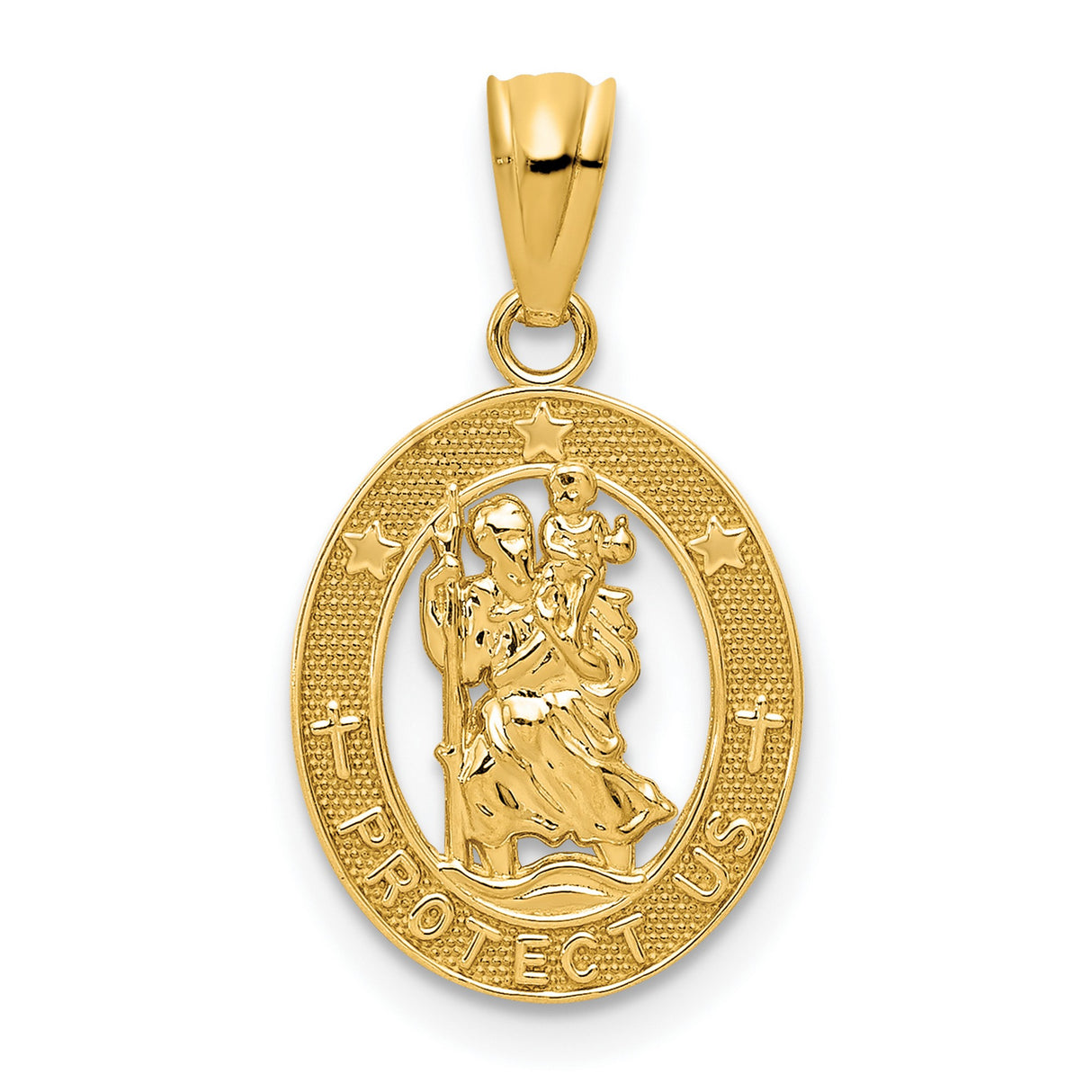 Saint Christopher Protect Us Words Cut-Out Oval Medal Charm Pendant in Real 14k Yellow Gold