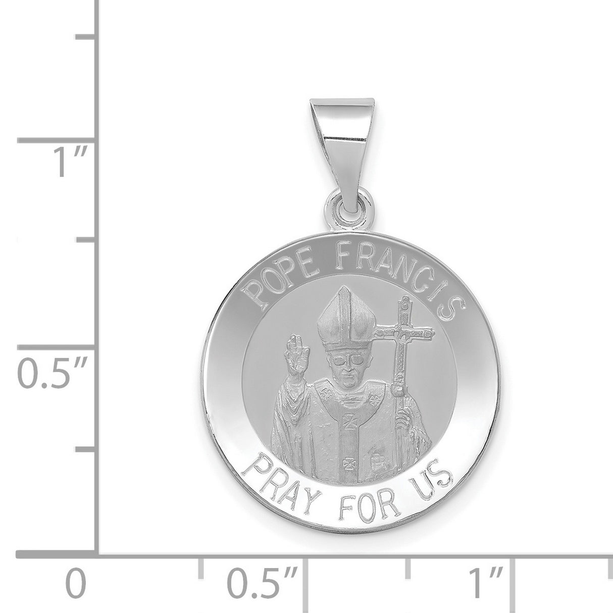 Hollow Pope Francis Pray For Us Words Round Medal Charm Pendant in Real 14k White Gold