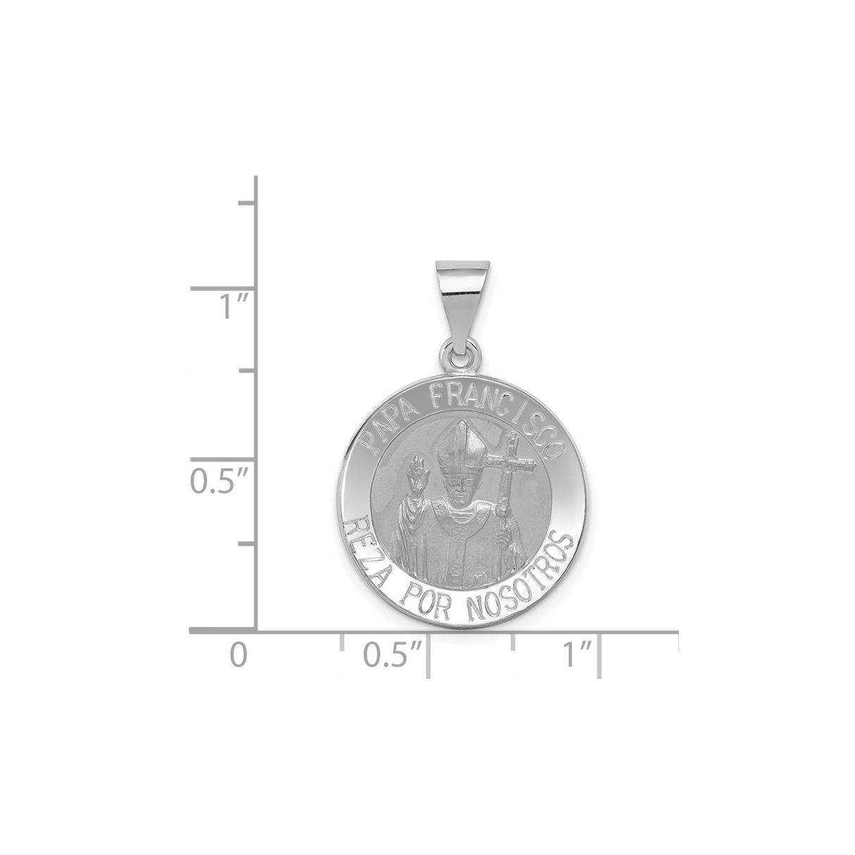 Hollow Papa Francisco Reza Por Nosotros Words Round Medal Charm Pendant in Real 14k White Gold