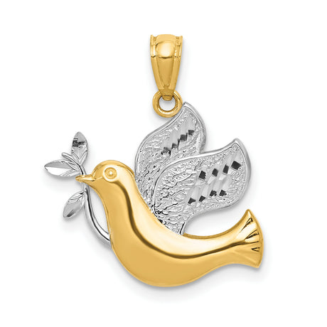 14k Two-Tone Gold Dove Pendant with Olive Branch, Religious Christian Symbol