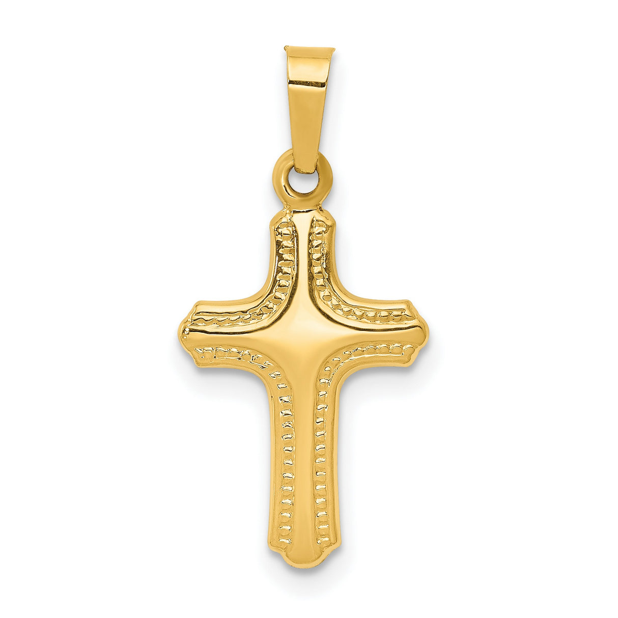 Hollow Polished And Textured Border Latin Cross Charm Pendant in Real 14k Yellow Gold