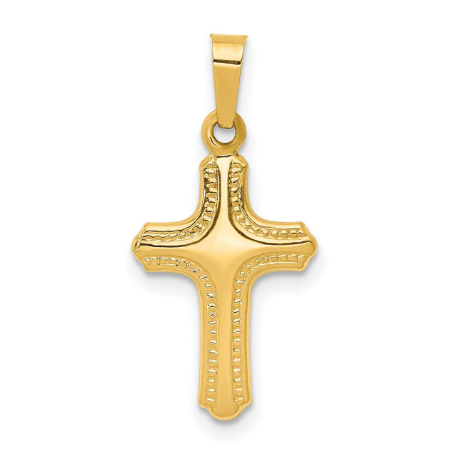 Hollow Polished And Textured Border Latin Cross Charm Pendant in Real 14k Yellow Gold