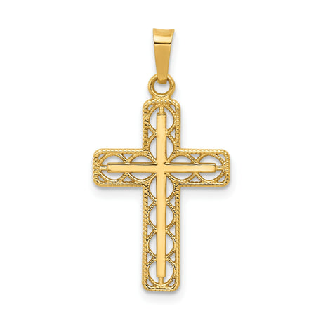 14k Yellow Gold Cross Pendant with Open Filigree Design, Christian Faith Jewelry for Women
