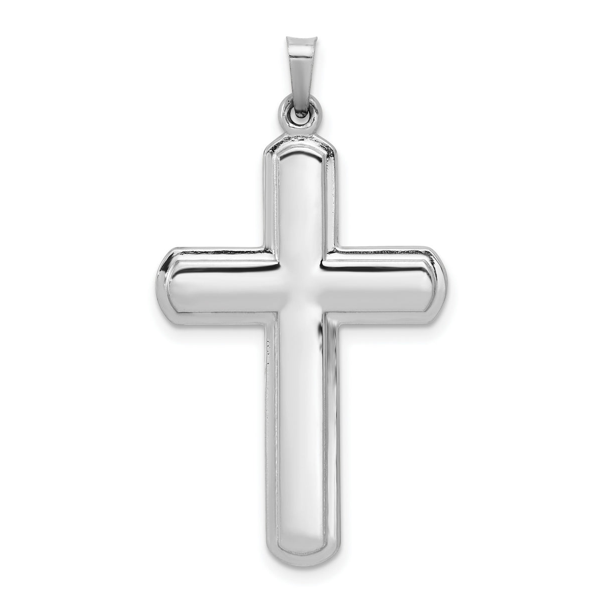 Hollow Polished Latin Cross With Shadow Border Charm Pendant in Real 14k White Gold