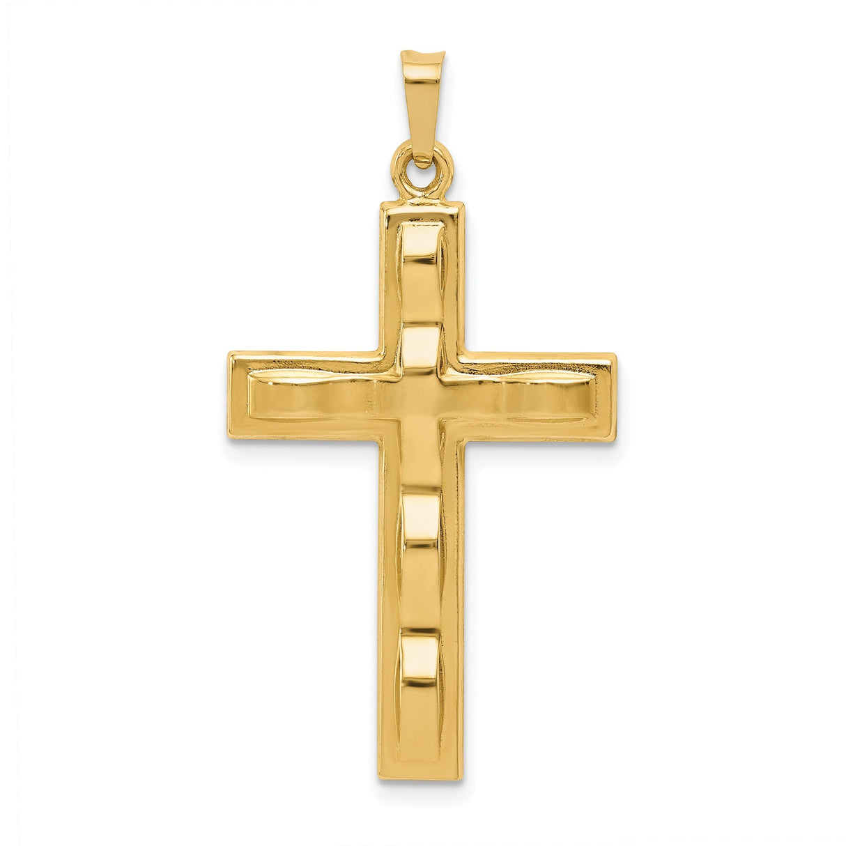 14k Yellow Gold Cross Pendant with Beveled Design and Textured Center for Men or Women