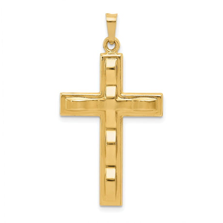 14k Yellow Gold Cross Pendant with Beveled Design and Textured Center for Men or Women