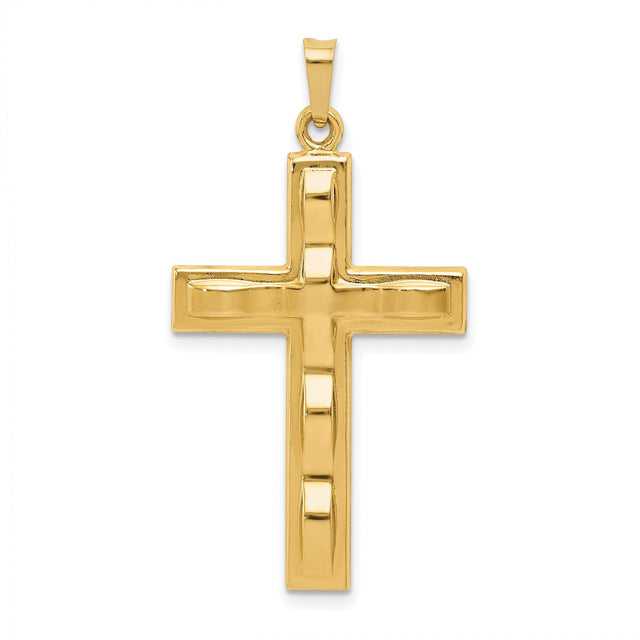 14k Yellow Gold Cross Pendant with Beveled Design and Textured Center for Men or Women