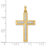 Hollow Latin Cross With Rhodium Center And Rivet Style Accents Charm Pendant in Real 14k Multi-Tone Gold