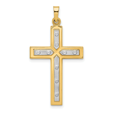 Hollow Latin Cross With Rhodium Center And Rivet Style Accents Charm Pendant in Real 14k Multi-Tone Gold