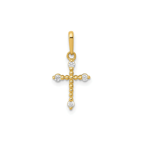14k Yellow Gold Cross Pendant with Cubic Zirconia, Beaded Christian Jewelry for Women