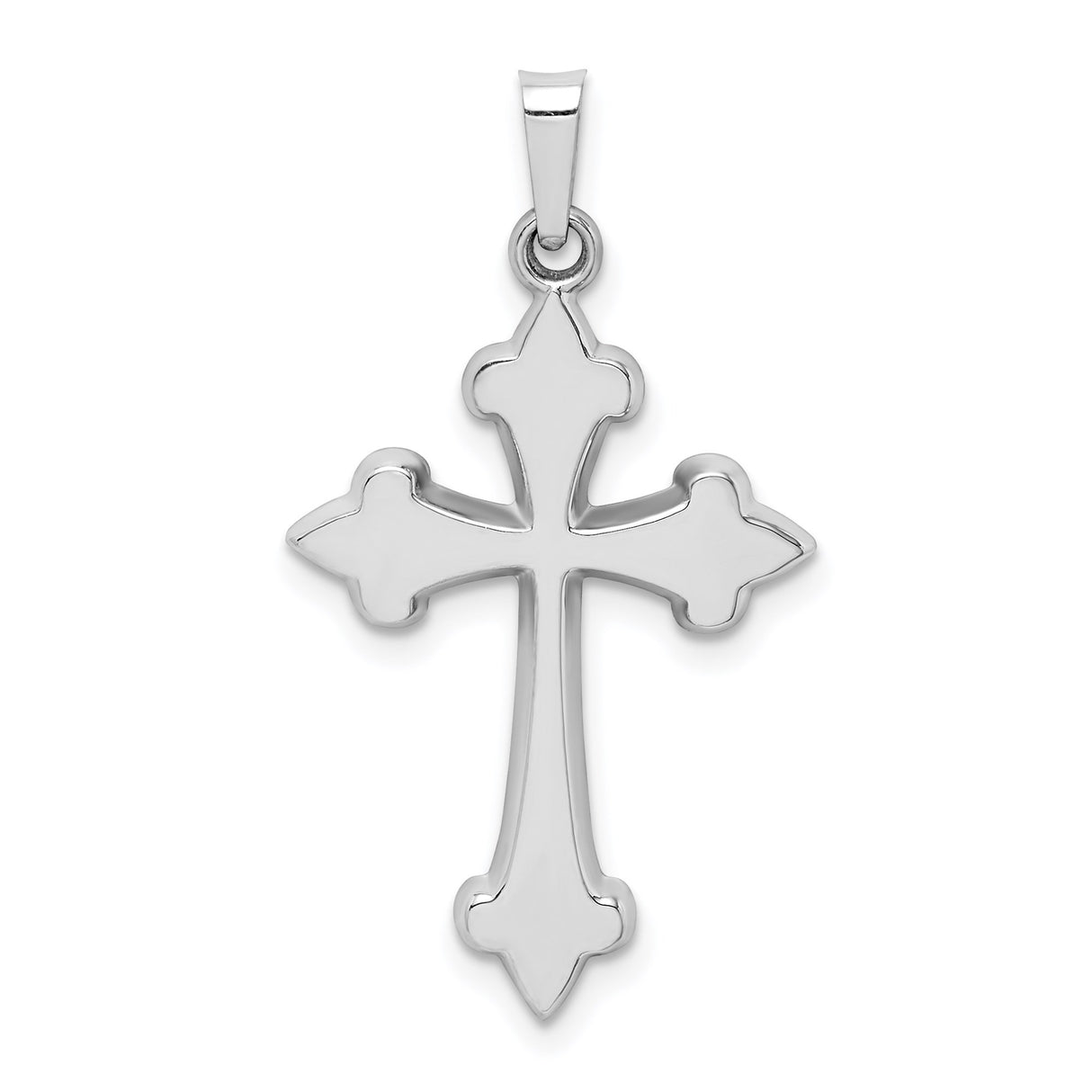 14k White Gold Fleur-de-Lis Cross Pendant with Curved Edges and Polished Finish