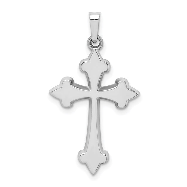 14k White Gold Fleur-de-Lis Cross Pendant with Curved Edges and Polished Finish