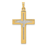 Polished And Satin Rhodium Dove Cross Charm Pendant in Real 14k Multi-Tone Gold