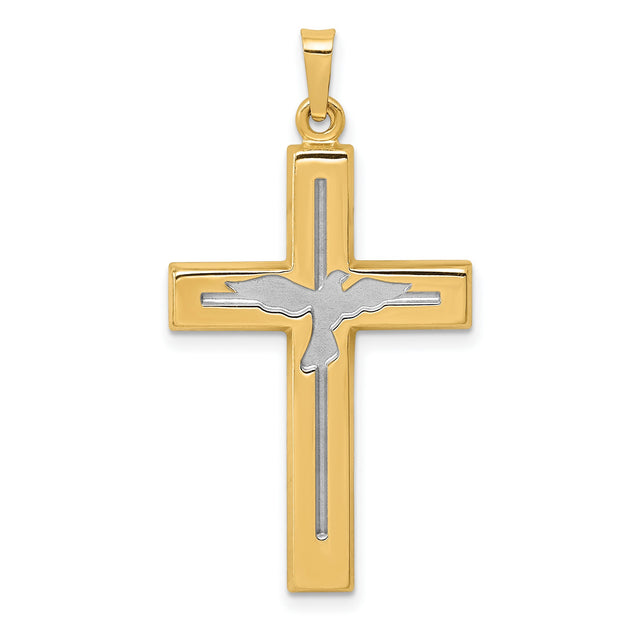Polished And Satin Rhodium Dove Cross Charm Pendant in Real 14k Multi-Tone Gold