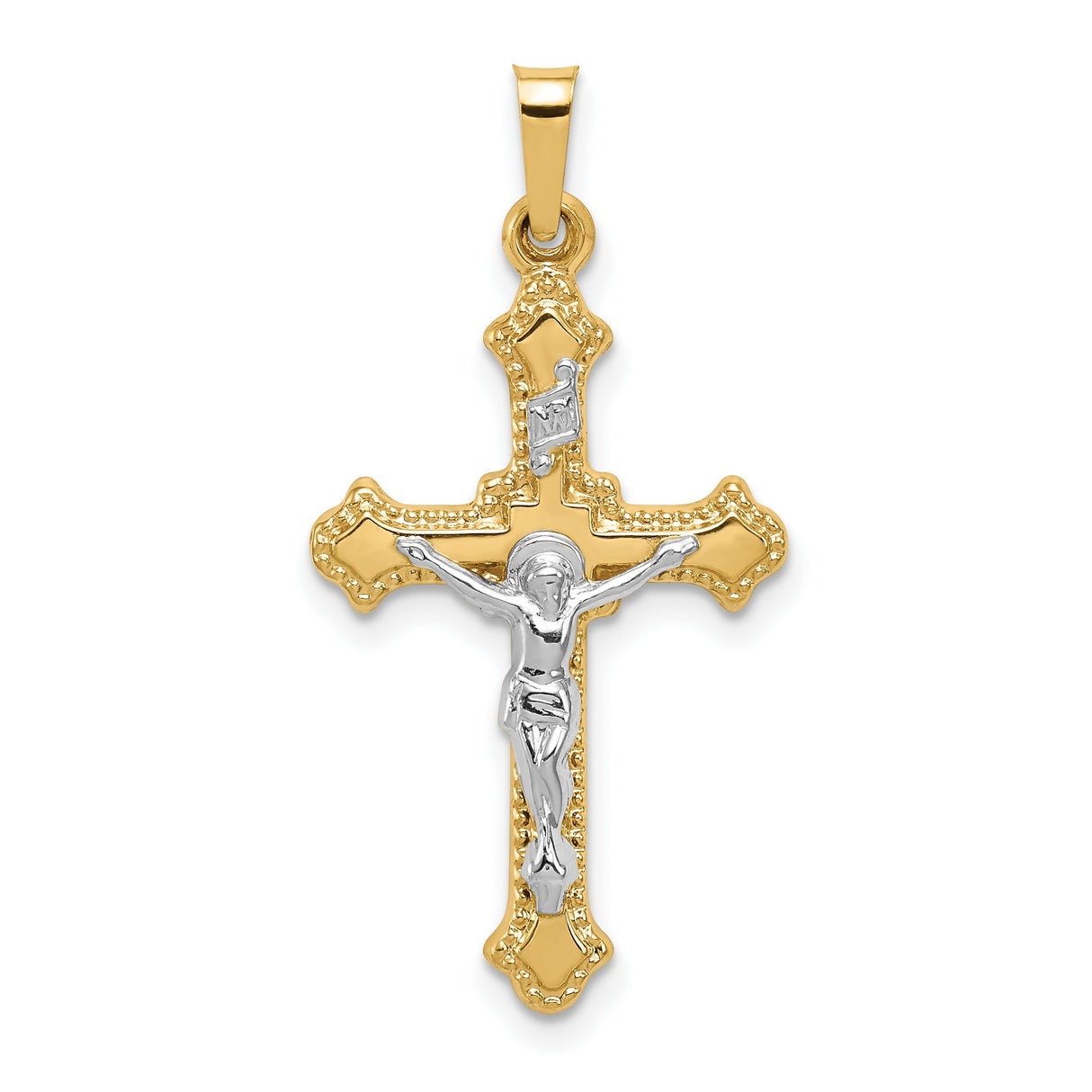 Polished Patonce INRI Crucifix Charm Pendant in Real 14k Multi-Tone Gold