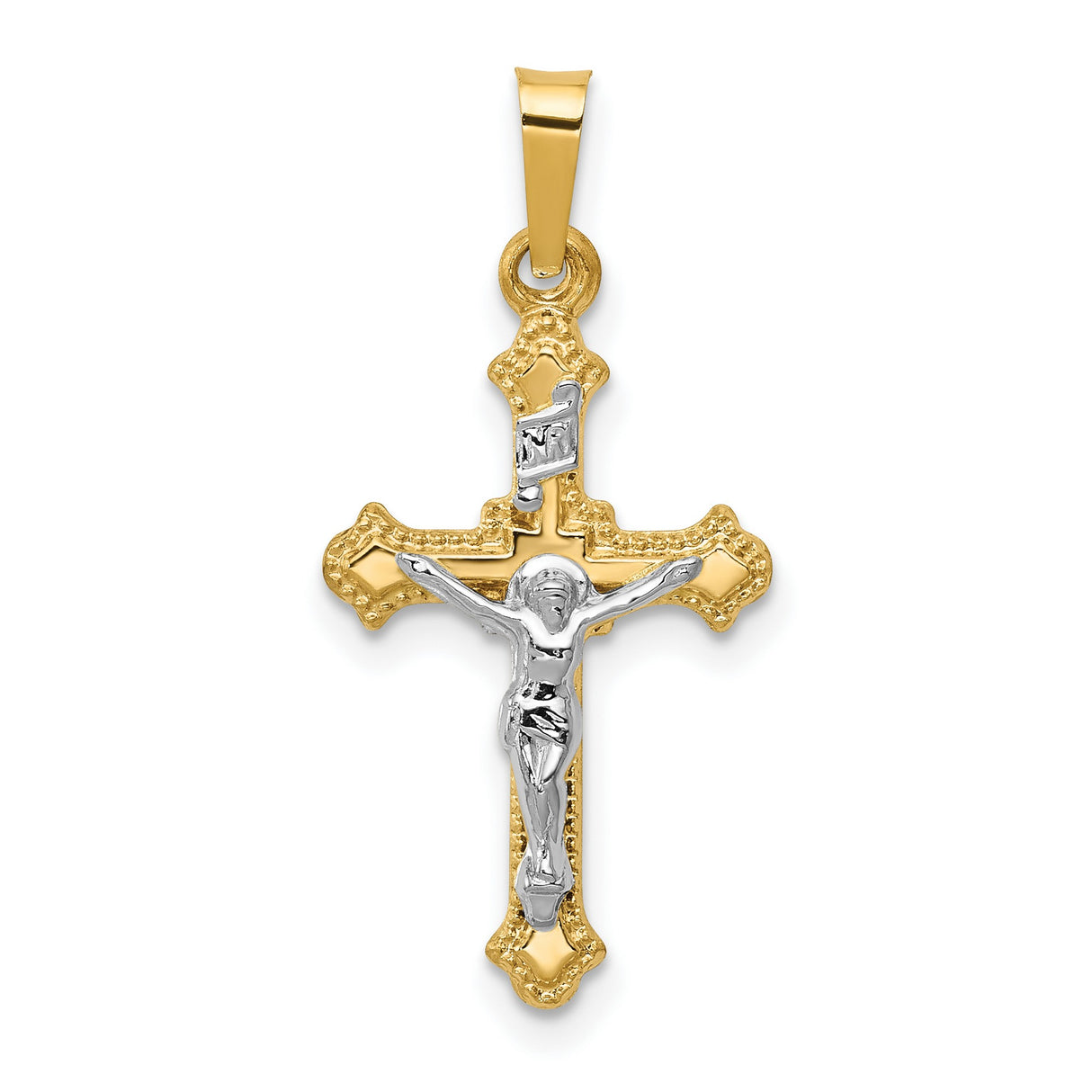 Polished Patonce INRI Crucifix Charm Pendant in Real 14k Multi-Tone Gold