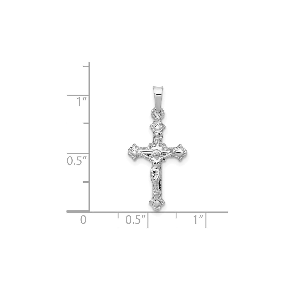 14k White Gold INRI Crucifix Pendant with Latin Cross and Fleur-de-Lis Christian Design