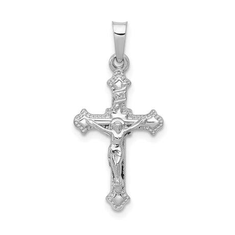 14k White Gold INRI Crucifix Pendant with Latin Cross and Fleur-de-Lis Christian Design
