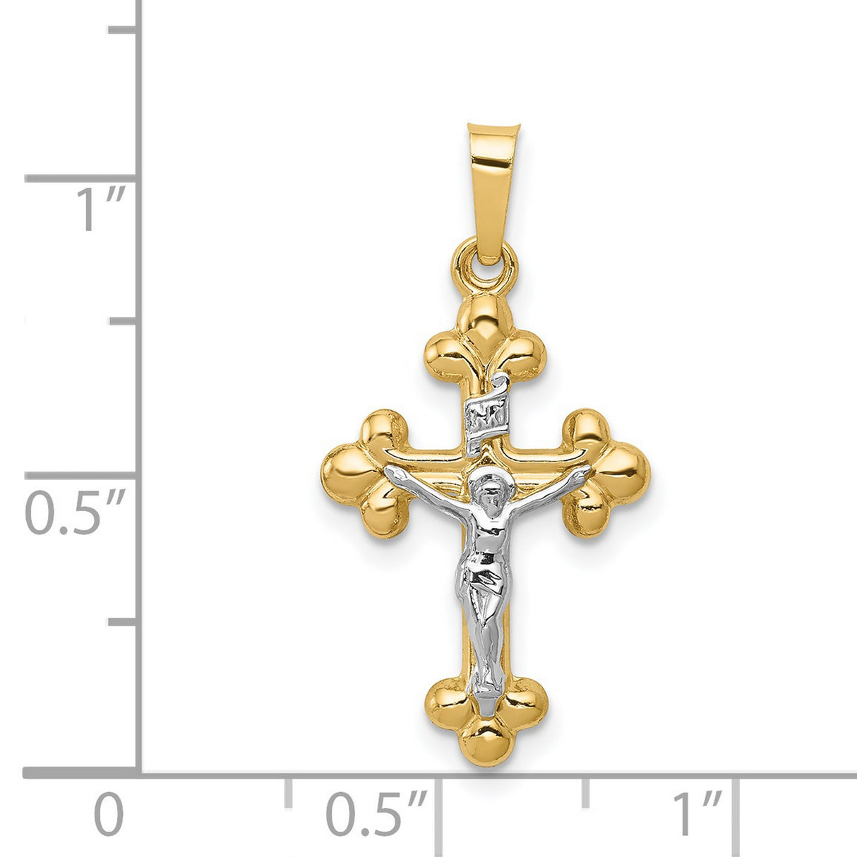 Polished Budded INRI Crucifix Charm Pendant in Real 14k Multi-Tone Gold