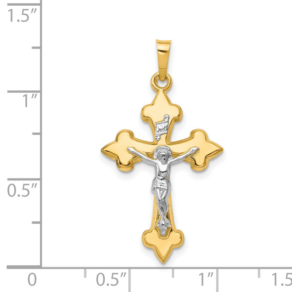 Polished Fleur De Lis INRI Crucifix Charm Pendant in Real 14k Multi-Tone Gold
