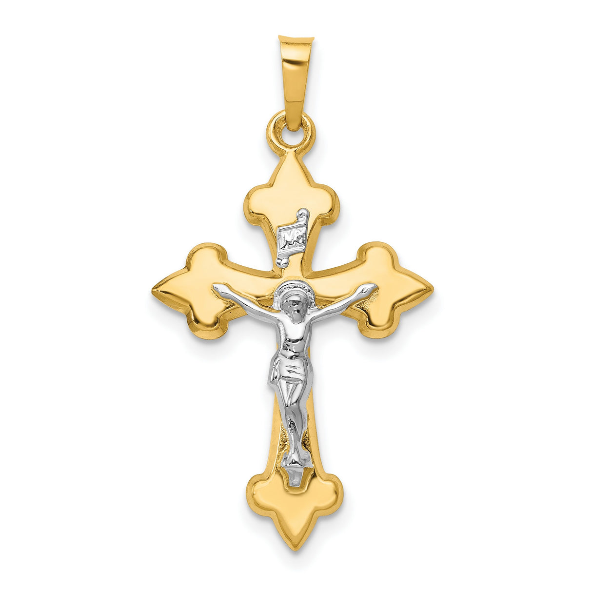 Polished Fleur De Lis INRI Crucifix Charm Pendant in Real 14k Multi-Tone Gold