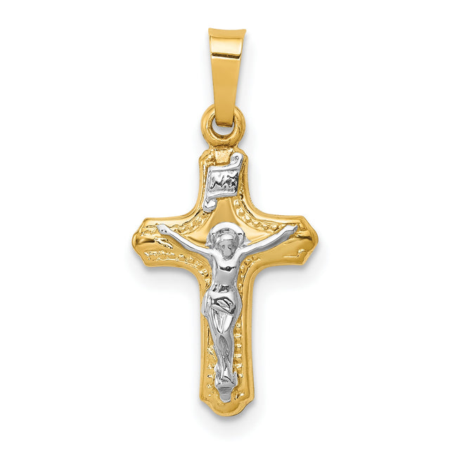 Polished And Textured INRI Crucifix Charm Pendant in Real 14k Multi-Tone Gold
