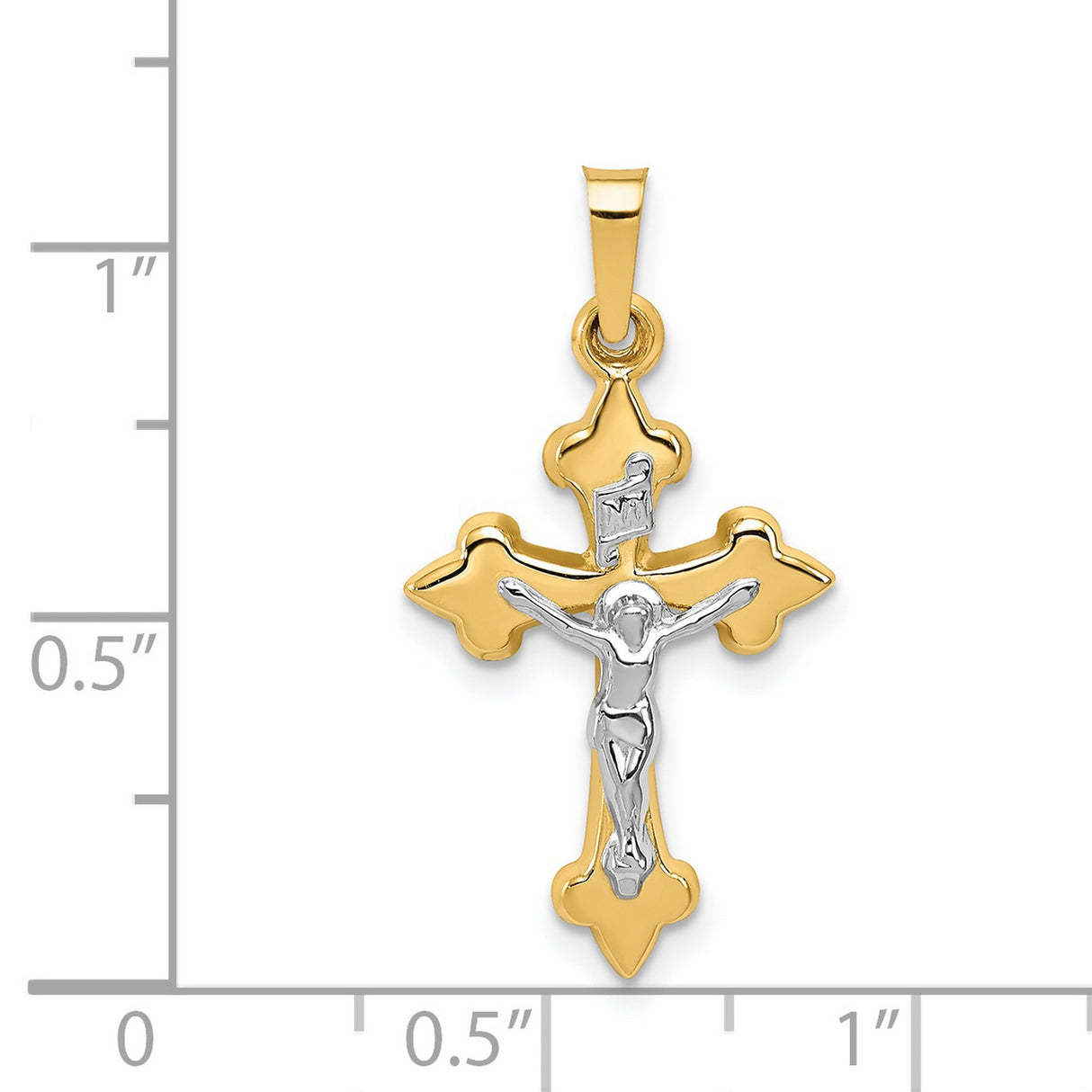 Polished Fleur De Lis INRI Crucifix Charm Pendant in Real 14k Multi-Tone Gold