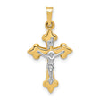 Polished Fleur De Lis INRI Crucifix Charm Pendant in Real 14k Multi-Tone Gold