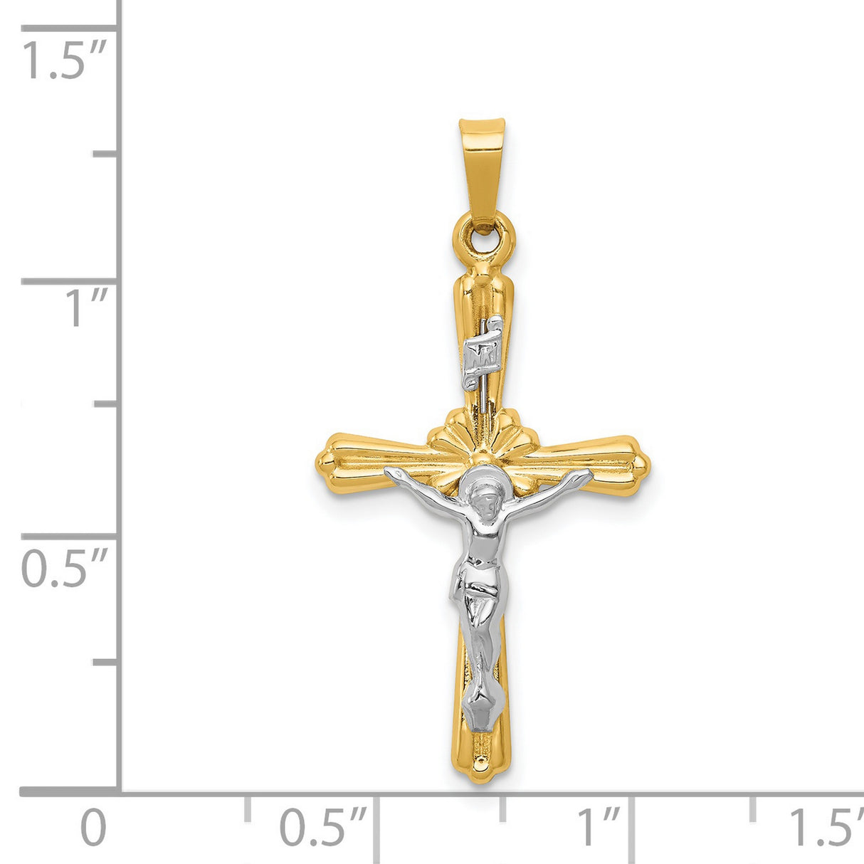 Polished INRI Budded Crucifix Charm Pendant in Real 14k Multi-Tone Gold