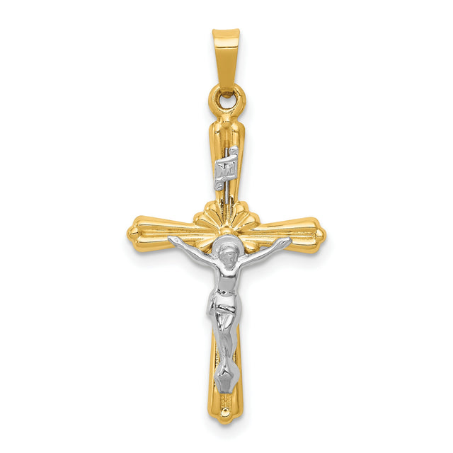 Polished INRI Budded Crucifix Charm Pendant in Real 14k Multi-Tone Gold