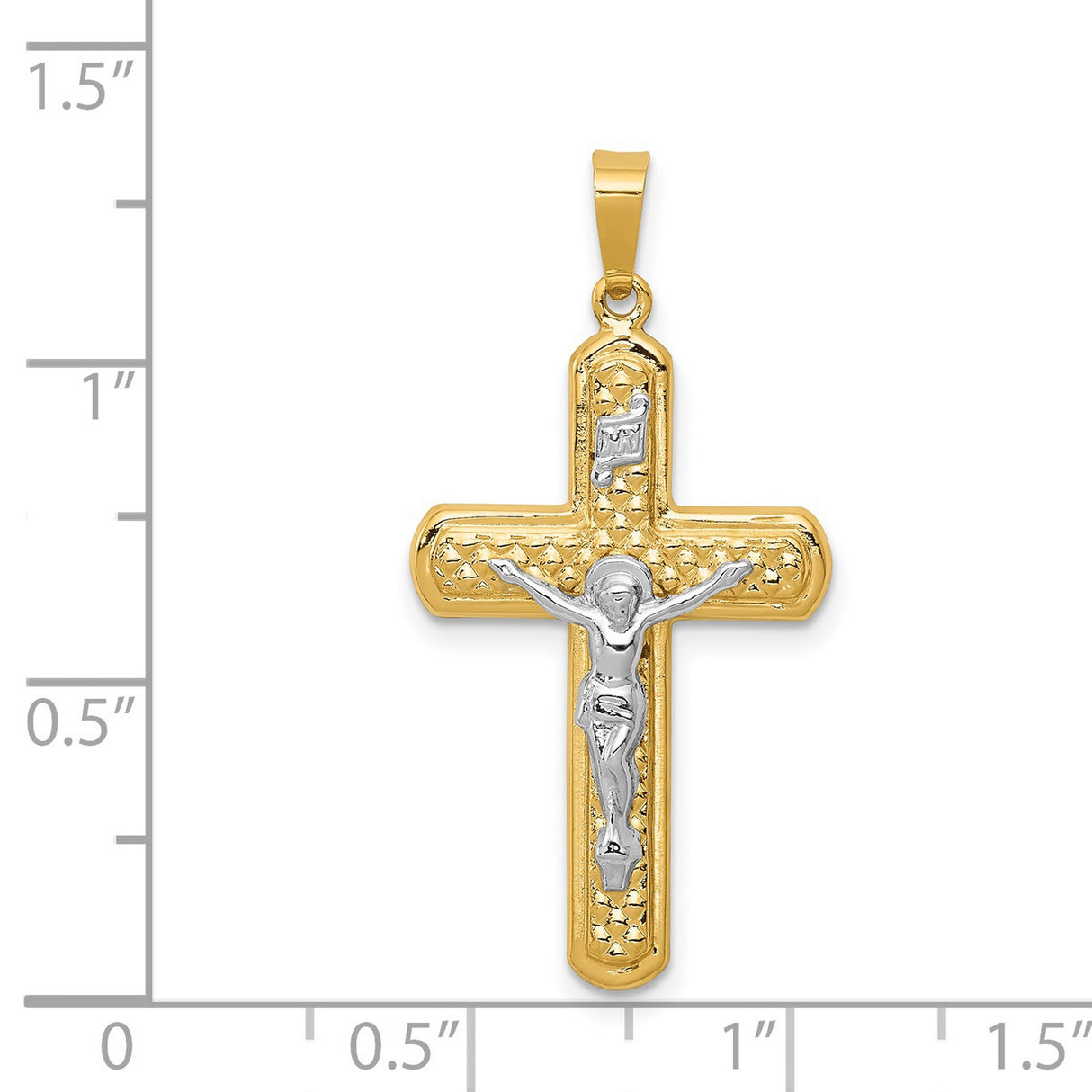 Polished And Textured INRI Latin Crucifix Charm Pendant in Real 14k Multi-Tone Gold