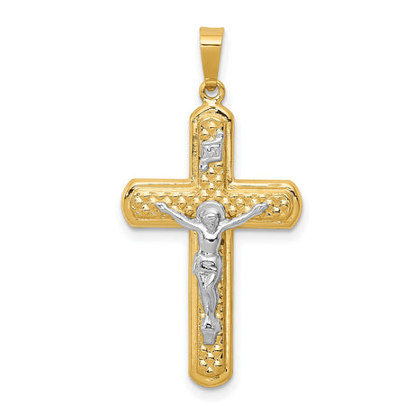 Polished And Textured INRI Latin Crucifix Charm Pendant in Real 14k Multi-Tone Gold