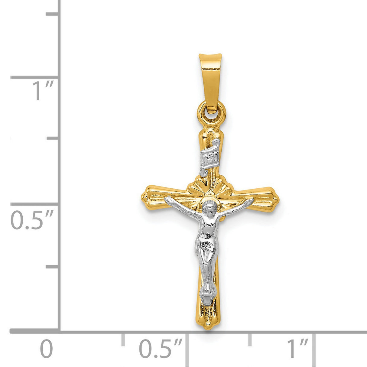 Flower Center INRI Budded Crucifix Charm Pendant in Real 14k Multi-Tone Gold