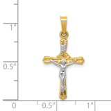 Flower Center INRI Budded Crucifix Charm Pendant in Real 14k Multi-Tone Gold