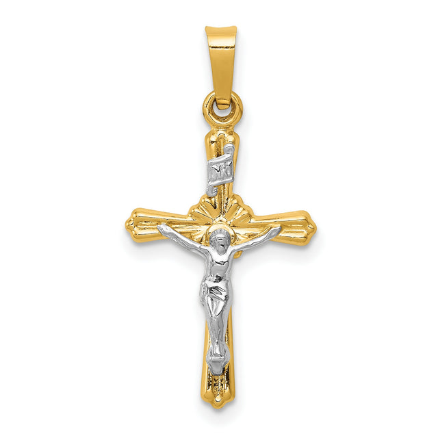 Flower Center INRI Budded Crucifix Charm Pendant in Real 14k Multi-Tone Gold