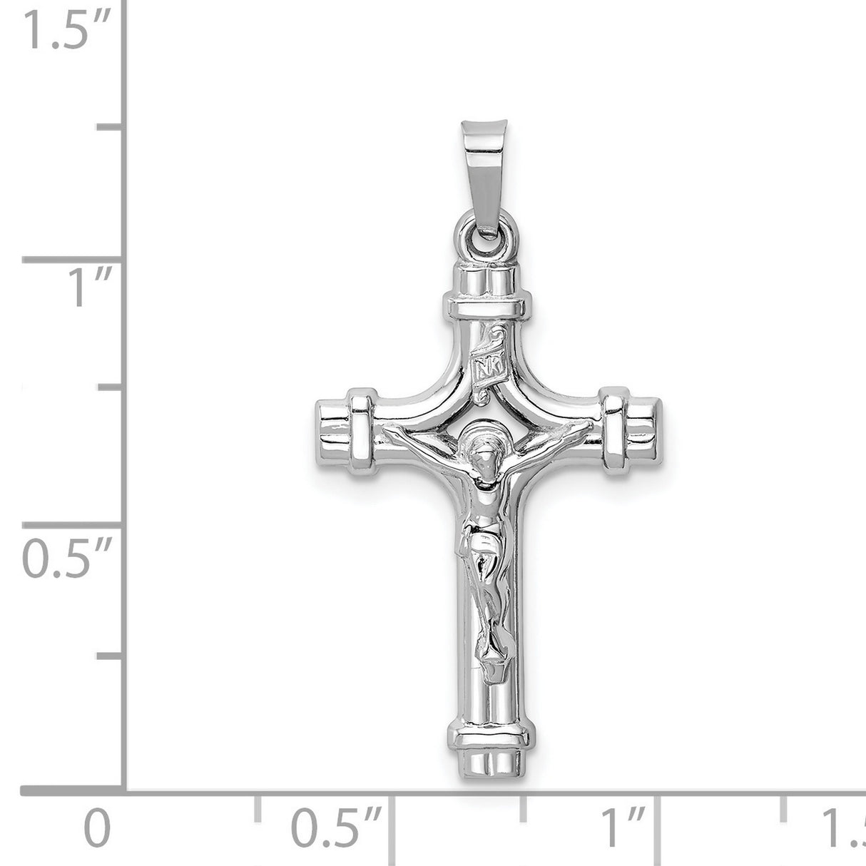 Polished Banded INRI Latin Crucifix Charm Pendant in Real 14k White Gold