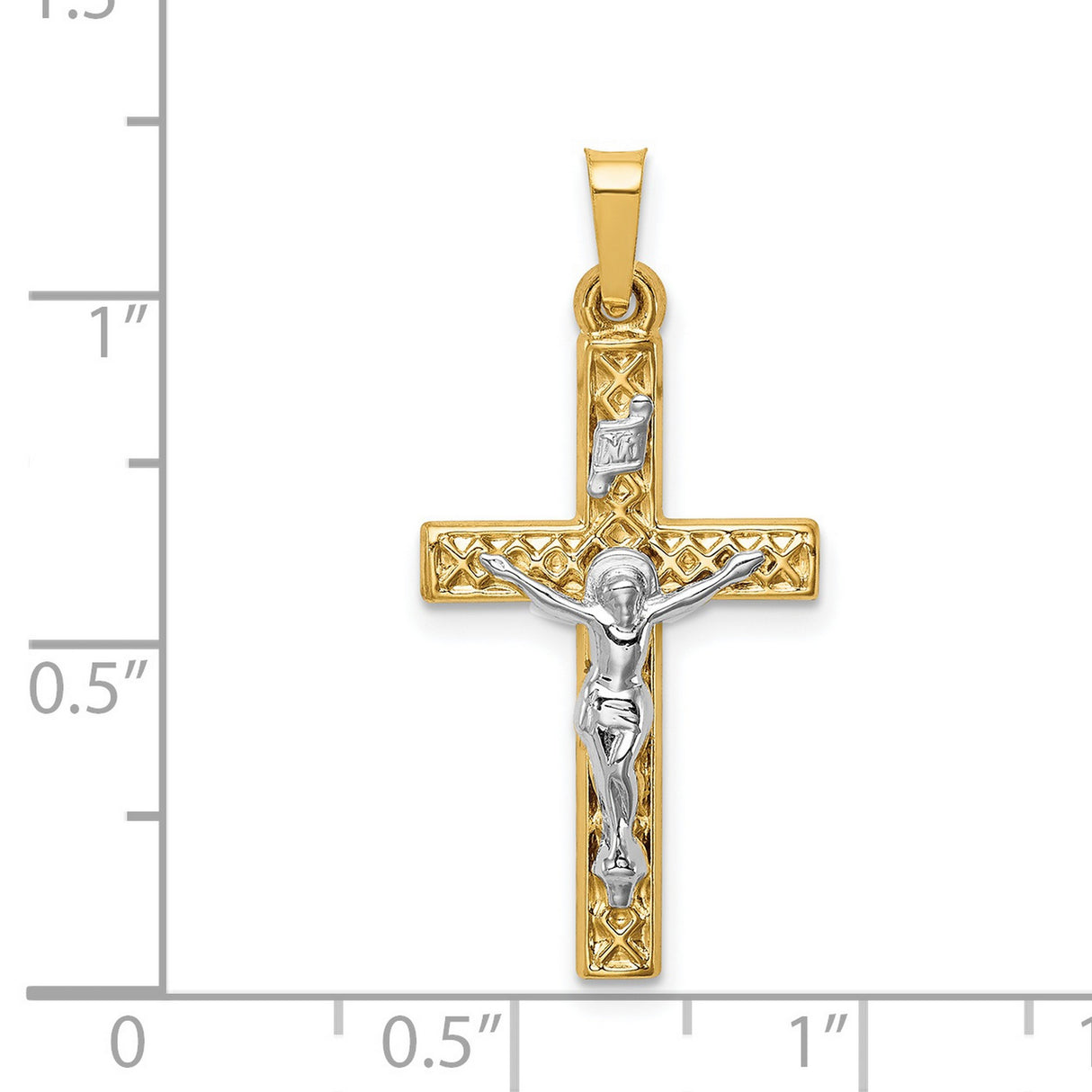 Polished Textured Lattice INRI Latin Crucifix Charm Pendant in Real 14k Multi-Tone Gold