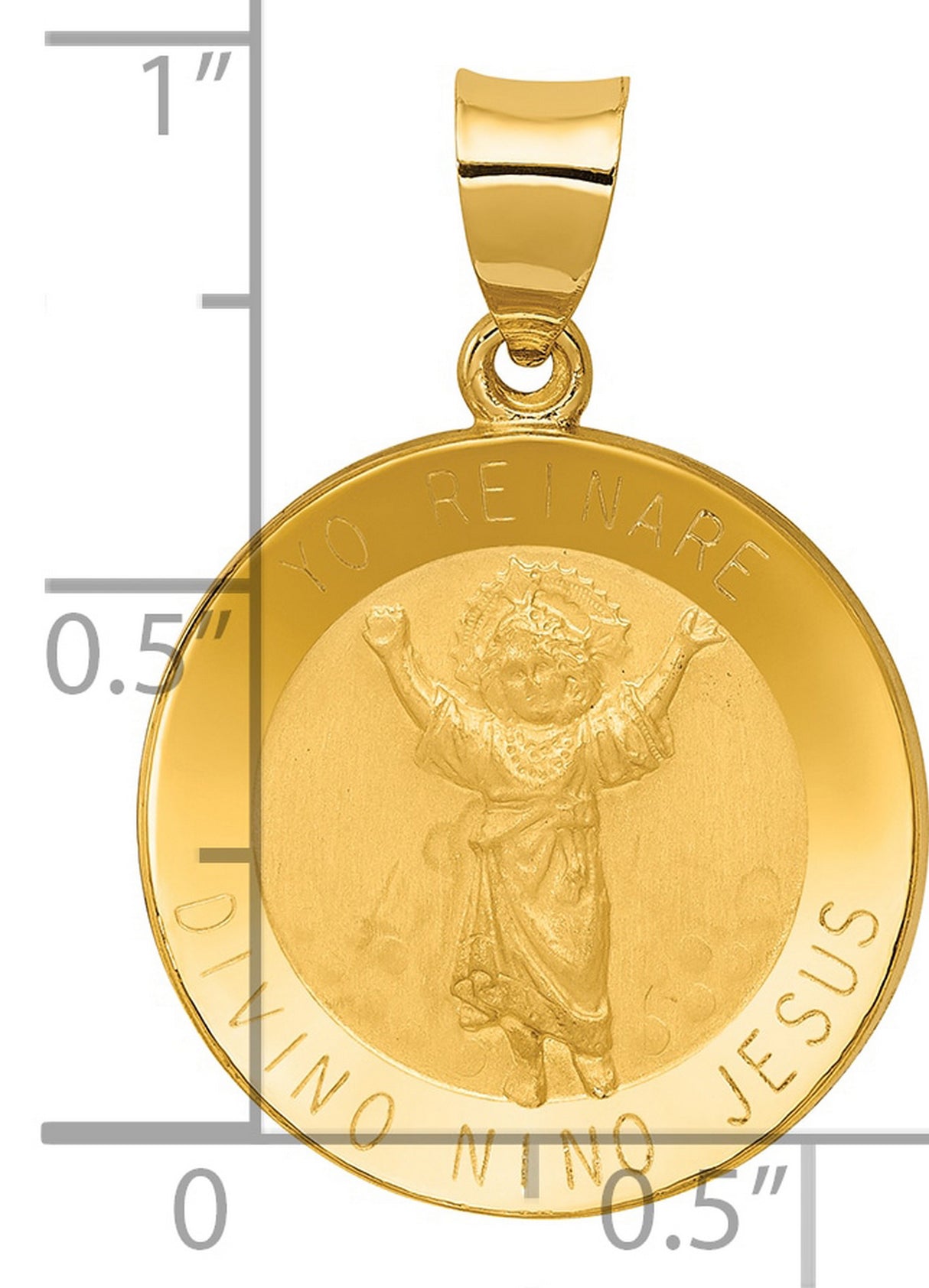 Polished And Satin Hollow Yo Reinare Divino Nino Jesus Words Round Medal Charm Pendant in Real 14k Yellow Gold