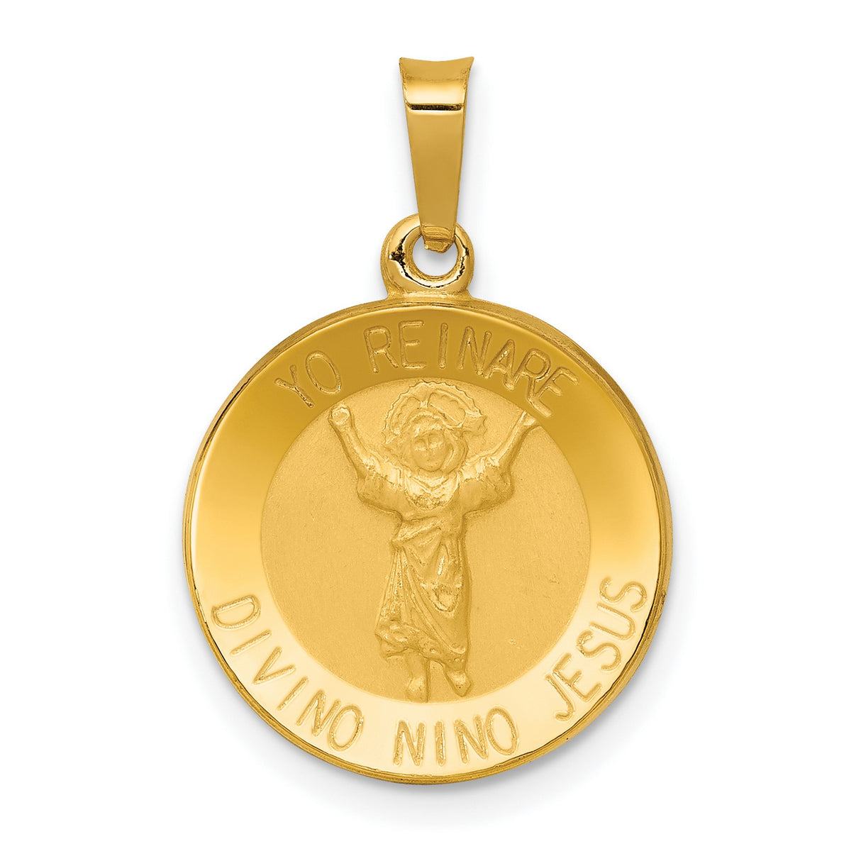 Polished And Satin Hollow Yo Reinare Divino Nino Jesus Words Round Medal Charm Pendant in Real 14k Yellow Gold