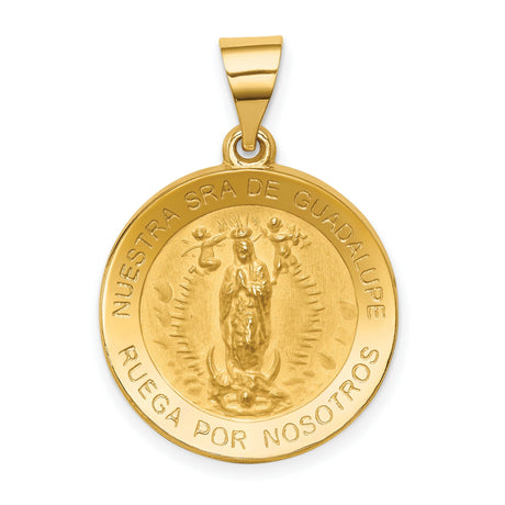 Nuestra Sra De Guadalupe Ruega Por Nosotros Words Round Medal Charm Pendant in Real 14k Yellow Gold