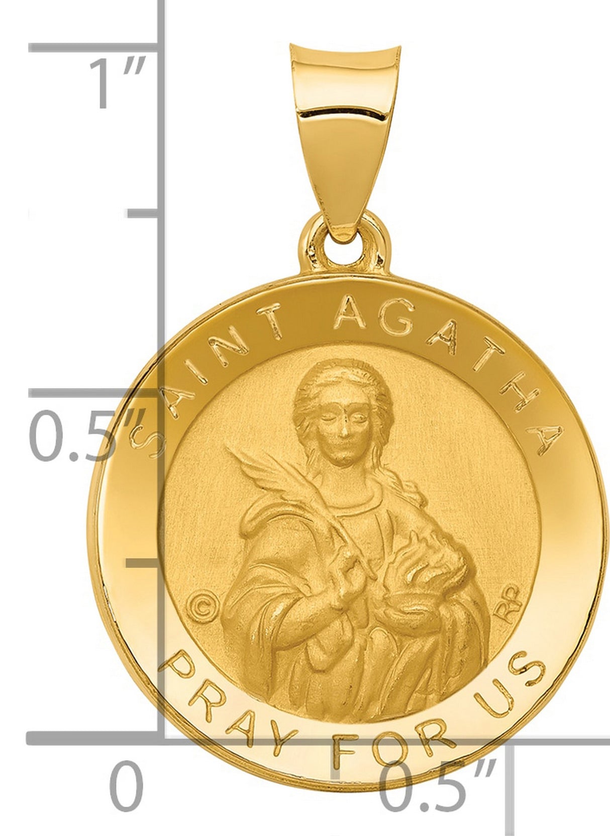 Saint Agatha Pray For Us Words Round Medal Charm Pendant in Real 14k Yellow Gold