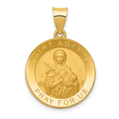 Saint Agatha Pray For Us Words Round Medal Charm Pendant in Real 14k Yellow Gold