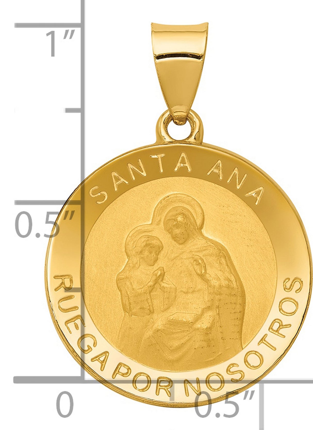 Santa Ana Ruega Por Nosotros Spanish Words Hollow Penny Size Round Charm Pendant in Real 14k Yellow Gold