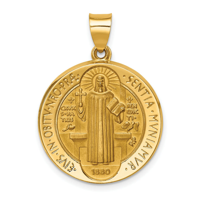 Saint Benedict May We Be Strengthened In Our Hour Of Death Words Charm Pendant in Real 14k Yellow Gold