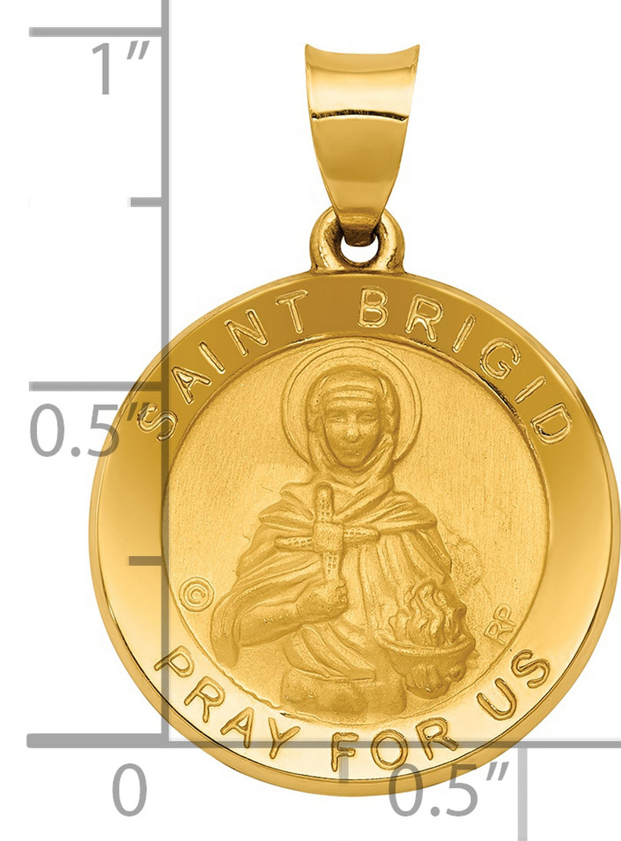 Saint Brigid Pray For Us Words Round Medal Charm Pendant in Real 14k Yellow Gold