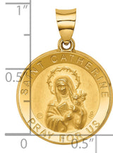 Saint Catherine Pray For Us Words Round Medal Charm Pendant in Real 14k Yellow Gold