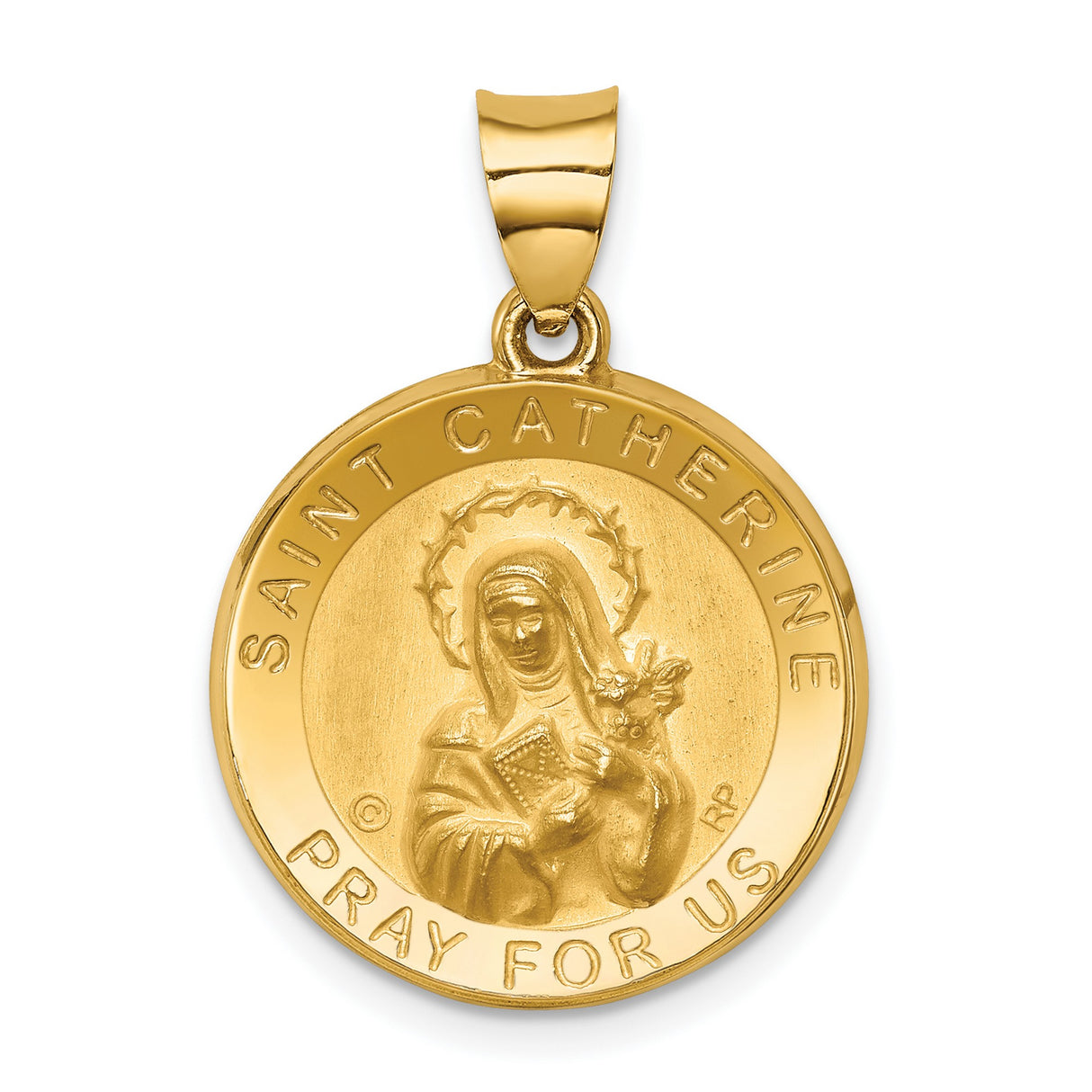 Saint Catherine Pray For Us Words Round Medal Charm Pendant in Real 14k Yellow Gold