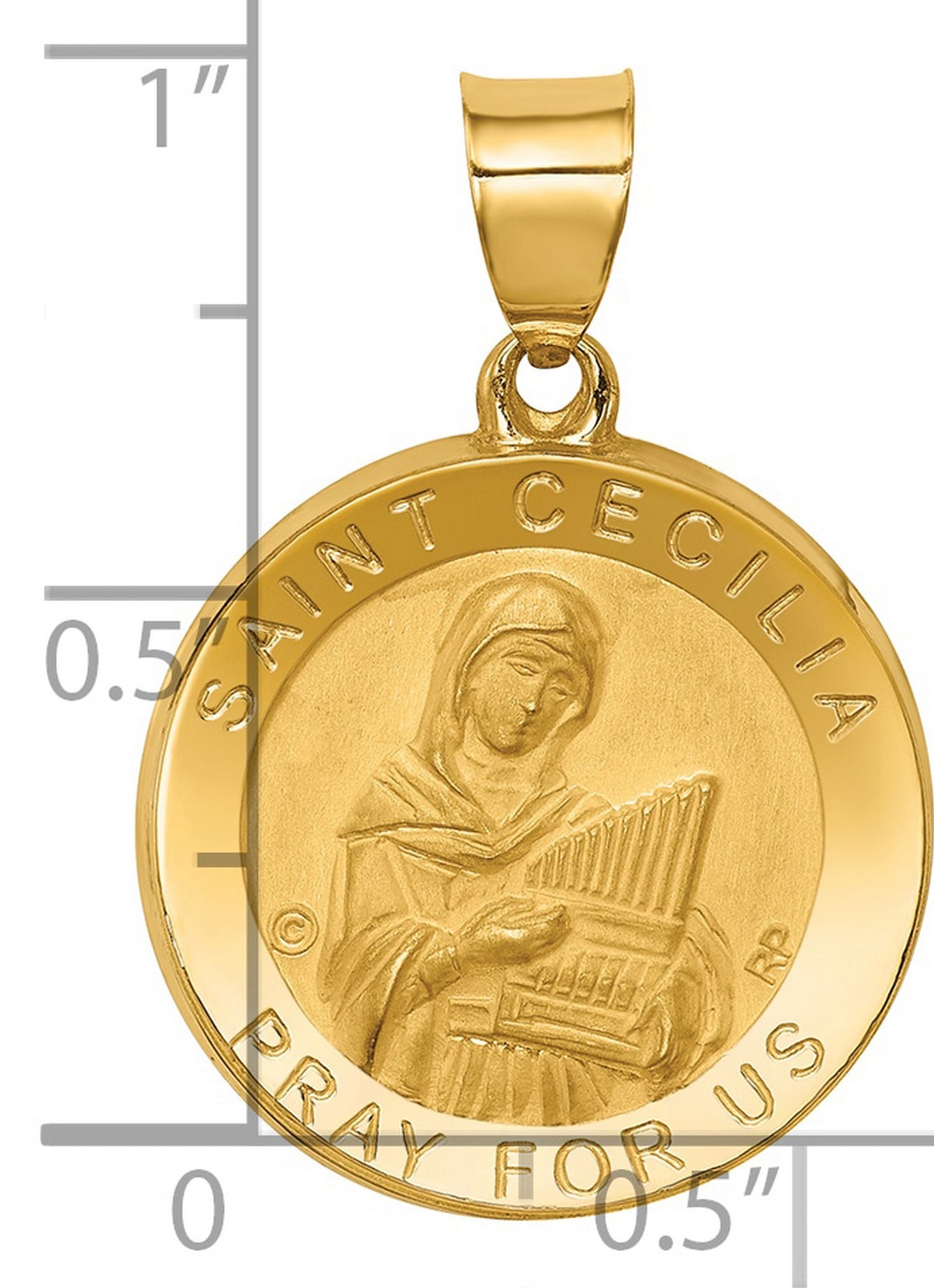 Saint Cecilia Pray For Us Words Round Medal Charm Pendant in Real 14k Yellow Gold