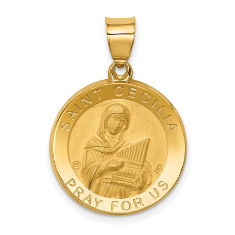 Saint Cecilia Pray For Us Words Round Medal Charm Pendant in Real 14k Yellow Gold