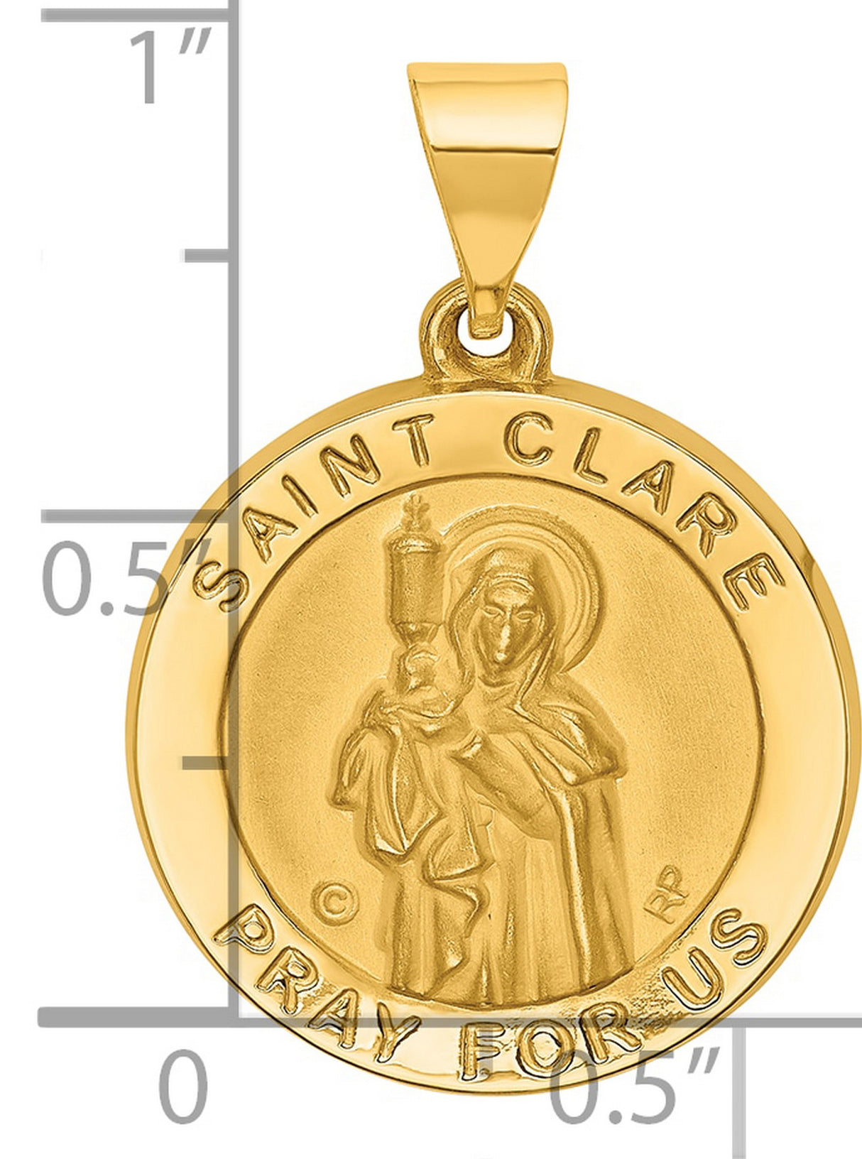 Saint Clare Pray For Us Words Round Medal Charm Pendant in Real 14k Yellow Gold